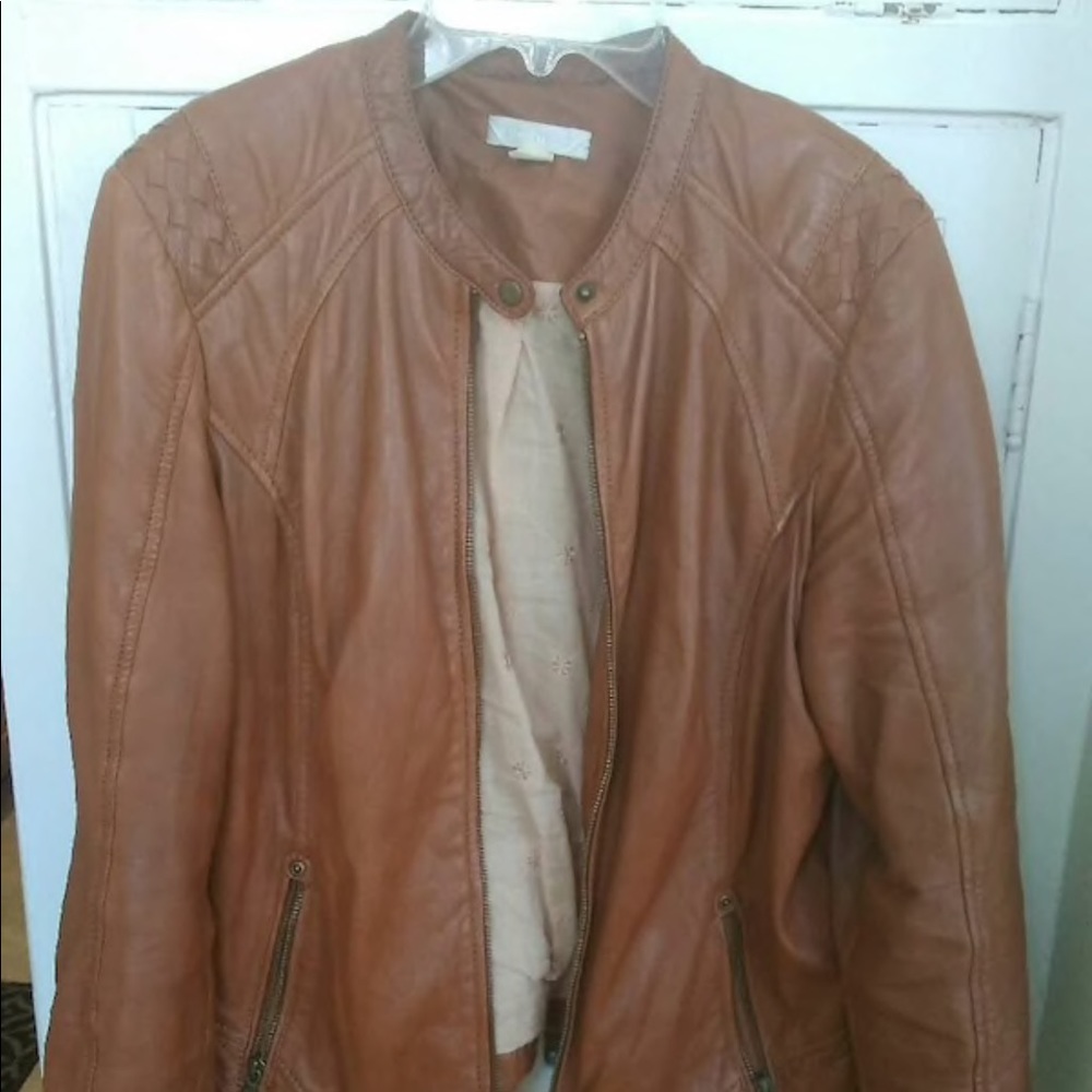 Promod Women’s Leather Biker Jacket in Cognac